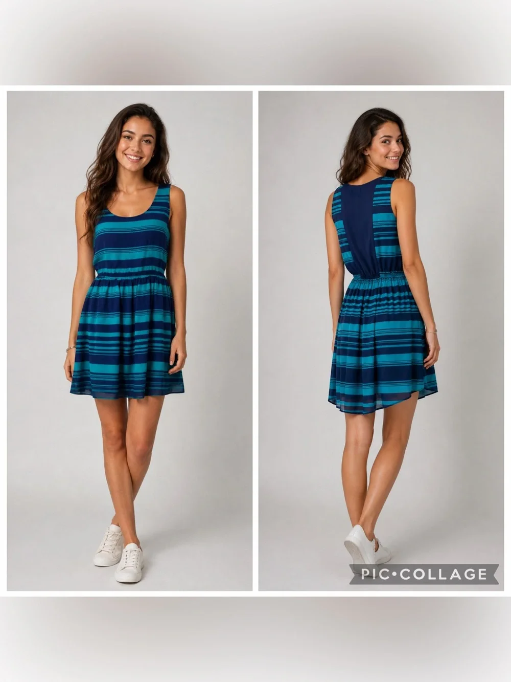Attention Blue Stripe Hi‎ Low Fit & Flare Tank Dress Sheer Back M